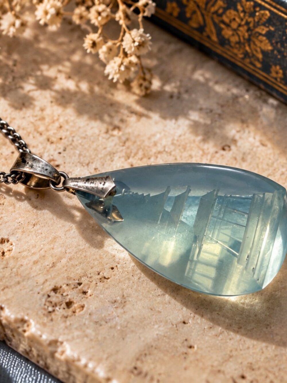 Vintage Sterling Silver Reverse Carved Pagoda Glass Pendant Necklace